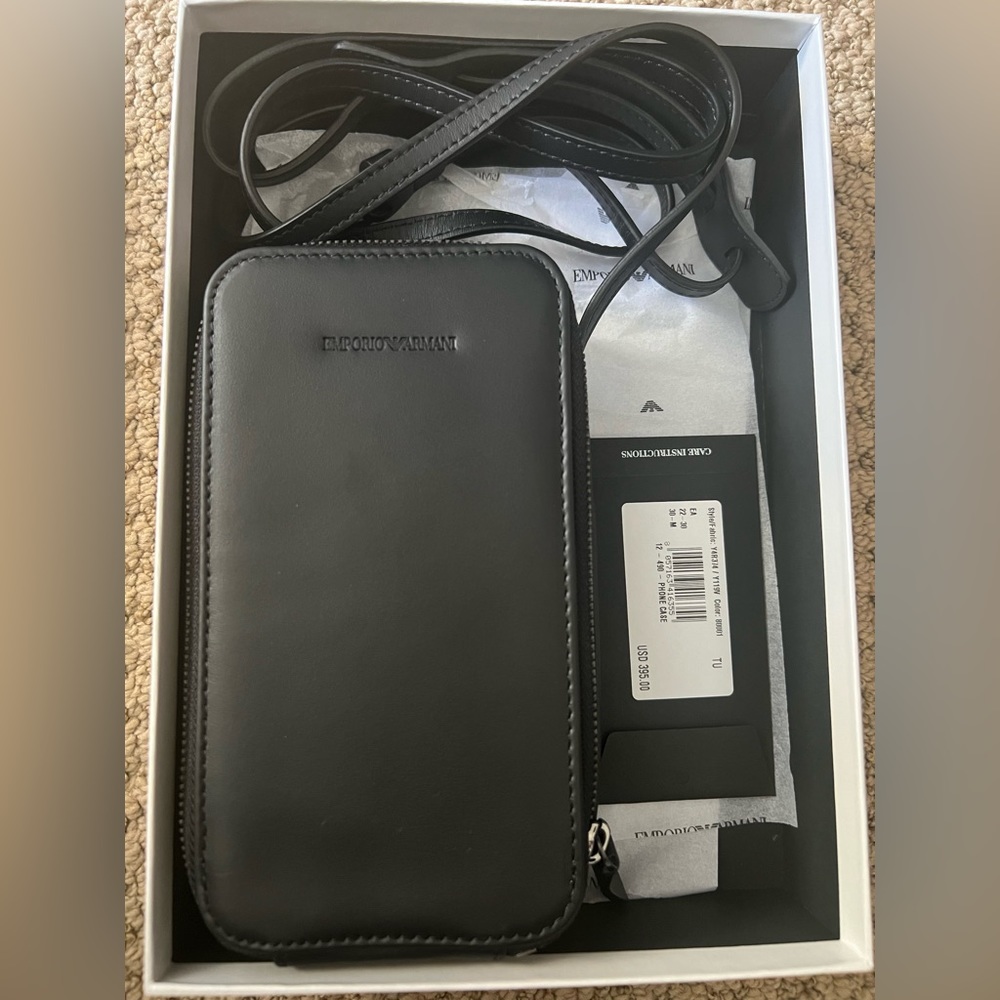 Emporio Armani- Black Leather Phone case with logo and strap -NWT